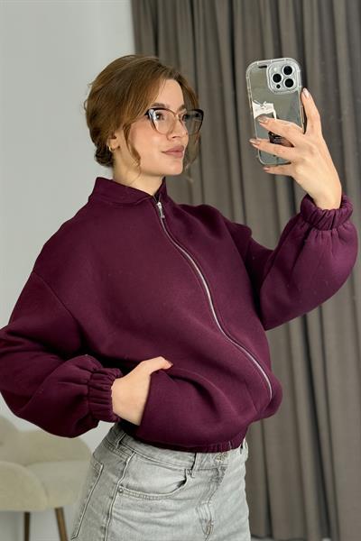 Üç İplik Şardonlu Bordo Beli Lastikli Fermuarlı Hırka