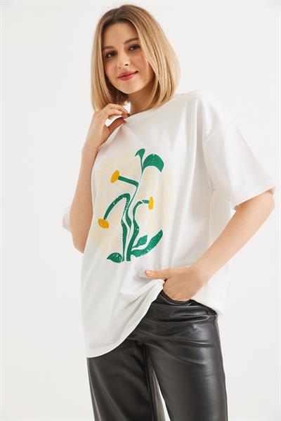 Baskılı Bisiklet Yaka Tshirt Beyaz