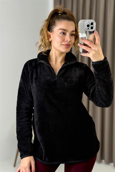 Kadın Yarım Fermuarlı  Welsoft Peluş Siyah Sweatshirt 