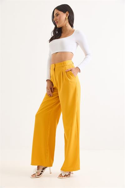 Yüksek Bel Bol Paça Pantalon Sarı