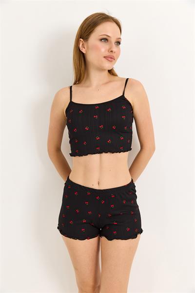 Croplu Kiraz Baskılı  Rahat Pijama Takımı Sİyah