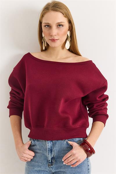 Kadın Bordo Kayık Yaka Üç İplik Şardonlu Sweat