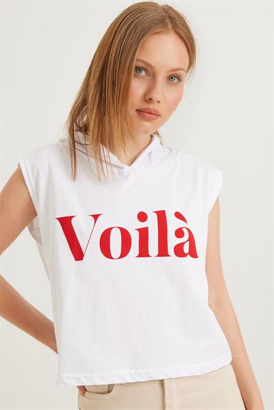 Kapüşonlu Sıfır Kol Baskılı Tshirt Beyaz