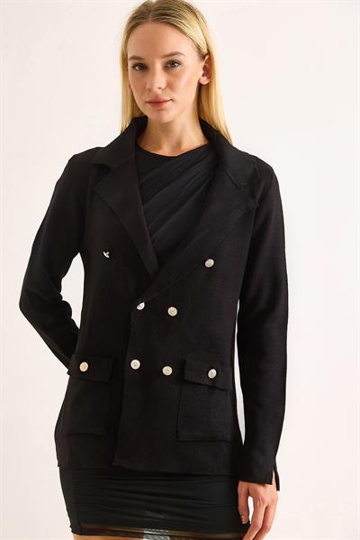 Blazer Triko Şık Düğmeli Ceket Siyah