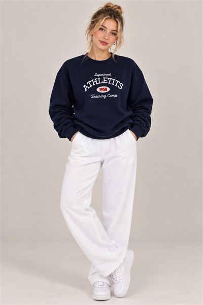 Kadın Yazı Nakışlı Bisiklet Yaka Şardonlu Sweatshirt Lacivert