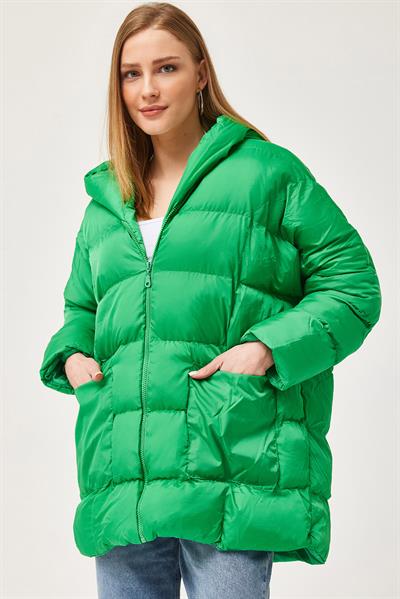 Kapüşonlu Oversize Şişme Mont Yeşil