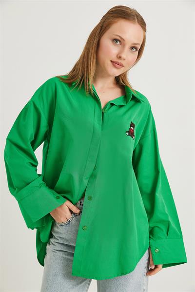Ayıcık Nakışlı Oversize Basic Gömlek Yeşil