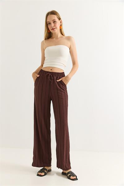 Bürümcük Çizgili Rahat Kesim Pantalon Kahverengi
