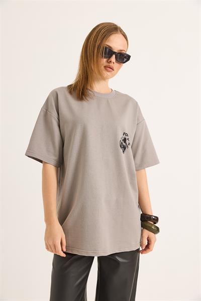 Baskılı Oversize İki İplik Tshirt Gri