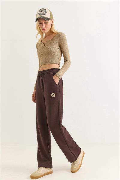 Kadın Paçası Lastıkli Geniş Paça Eşofman Altı Kahverengi