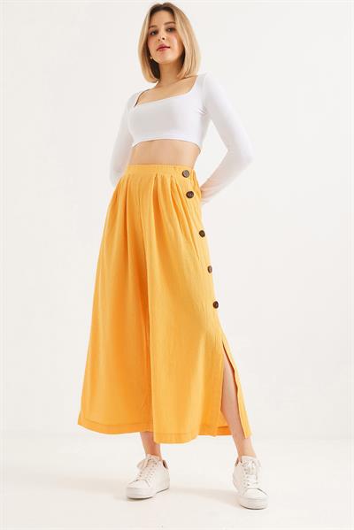 Yanları  Düğmeli  Bol Kesim Keten Pantolon  Hardal