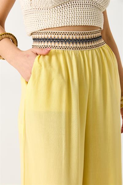 Kadın Beli Etnik Desen Keten Salaş Pantolon Sarı
