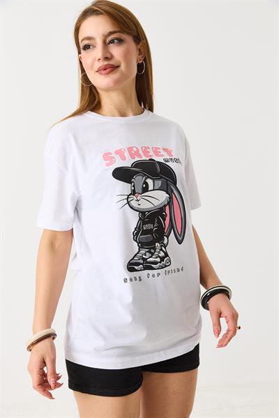 Kadın Baskılı Bisiklet Yaka Kısa Kol Tshirt Beyaz