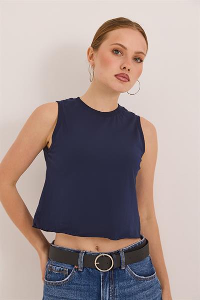 Sıfır Kol Yuvarlak Yaka Havalı Crop Tshirt Lacivert