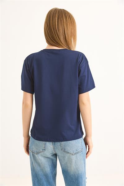 Bisiklet Yaka Kısa Kollu Fit Tshirt İndigo