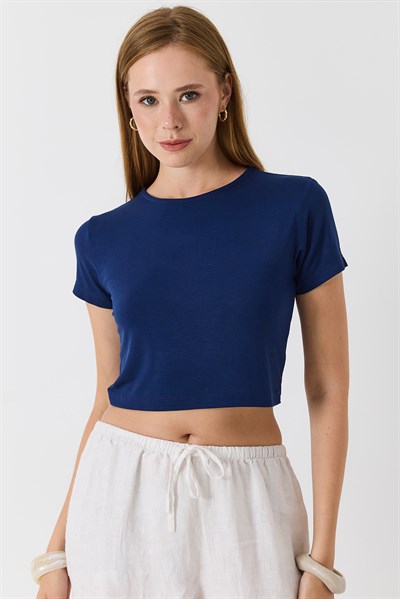 Kadın Bisiklet Yaka Penye Crop Bluz Lacivert
