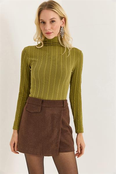Kadın Balıkçı Yaka Triko Esnek Kazak Yağ Yeşili