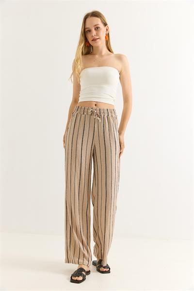 Bürümcük Çizgili Rahat Kesim Pantalon Vizon