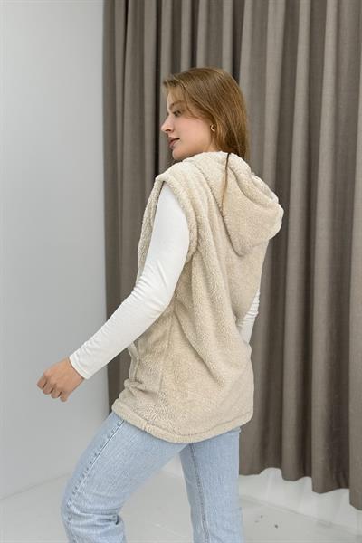 Kadın Kapüşonlu Kanguru Cepli Welsoft Sweat Bej