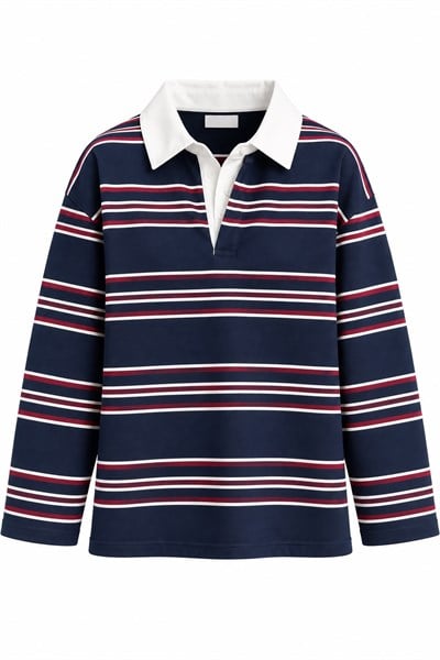 Kadın Çizgili Polo Yaka Sweatshirt Lacivert