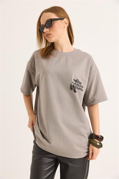 Baskılı Oversize İki İplik Tshirt Gri
