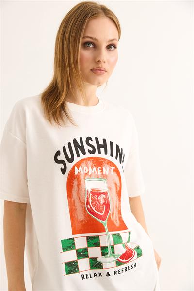 Baskılı Rahat Kalıp Tshirt Beyaz