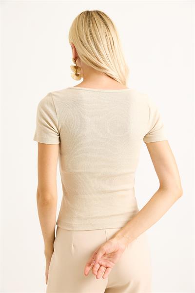 Fitilli Kare Yaka Kısa Kollu BeJ Bluz