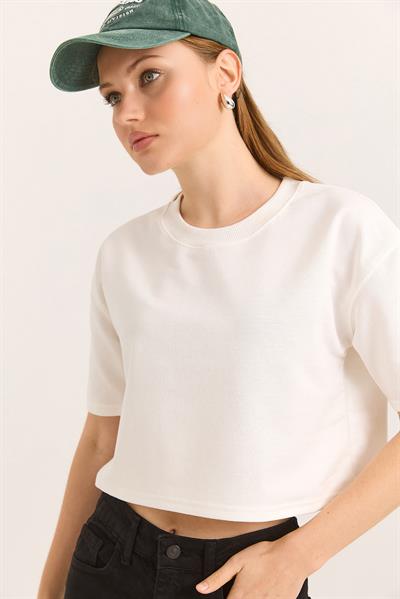 Bisiklet Yaka Havalı Crop İki İp Ekru