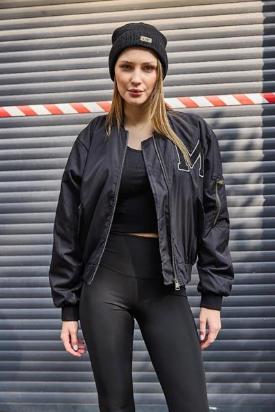 Kadın Nakışlı Kolej Model Bomber Ceket Siyah