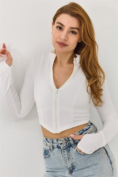 Kadın Polo Yaka Fermuarlı  Fitilli Kaşkorse Crop  Beyaz