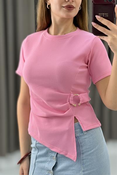 Kadın Yan Tokalı Asimetrik Kesim Kakorse Kısa Kollu Bluz Pembe