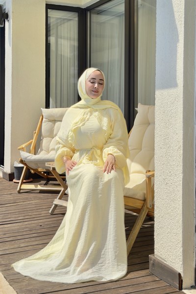 Kadın Fırfır Detay Kuşaklı Tül Modal Astarlı Elbise Sarı