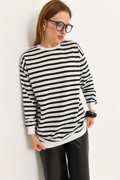 Çizgili Oversize Tunik Siyah Beyaz