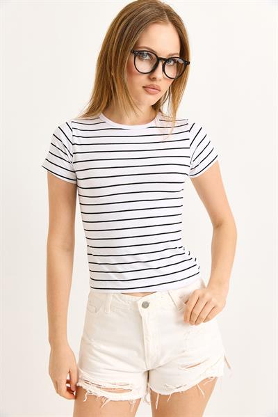 Bisiklet Yaka Likralı Pamuk Tshirt Beyaz