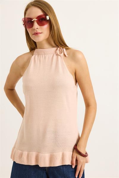 Boyundan Bağlamalı Triko Bluz Pudra