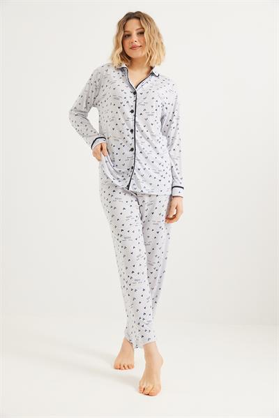 Düğmeli Uzun Kollu Pijama Takımı Gri