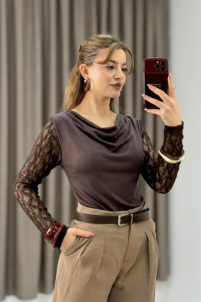 Kadın Uzun Kollu Dantelli Modal Drapeli Bluz Kahverengi