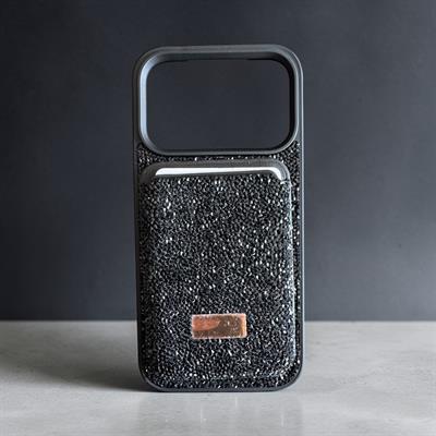 İphone 17 ProUyumlu Parlak ve Taşlı Kart Bölümlü Kılıf  Siyah