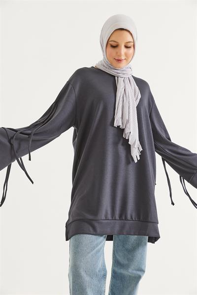 Kolları Bağcık Detaylı Tunik Füme
