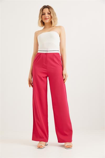 Beli Şeritli Bol Paça Pantolon Fuşya