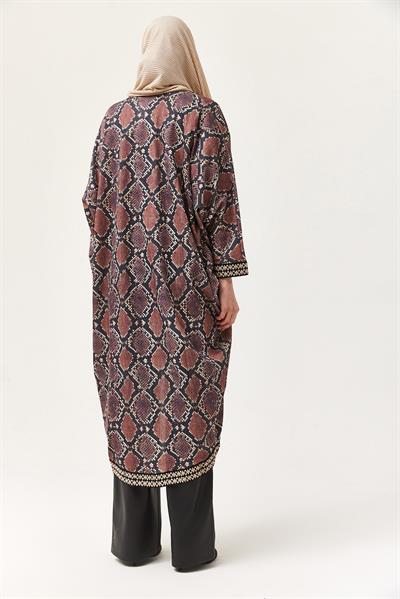 Oversize Şerit Detaylı Kimono Hırka Mürdüm