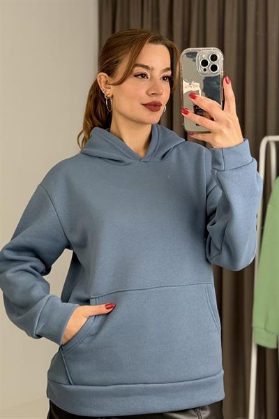 Üç İplik İndigo Şardonlu Kangru Cepli Kapişonlu Sweat