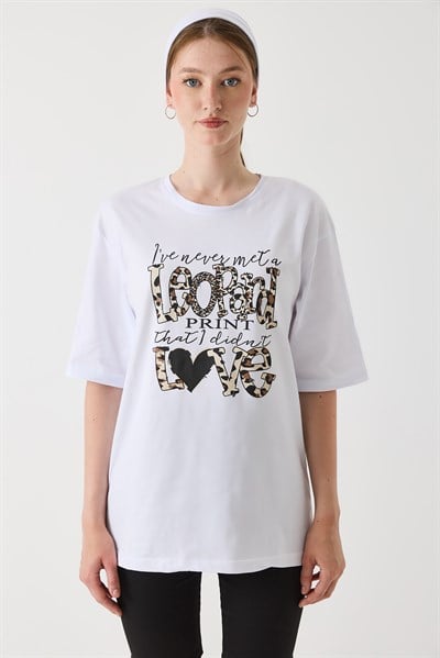 Kadın  Bisiklet Yaka Rahat Kesim Kısa Kol Tshirt Beyaz