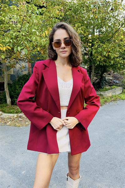 Kadın Oversize Spor ve Şık Tek Düğmeli Ceket Kırmızı