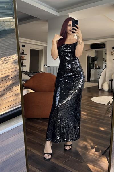Kadın Full Payet İşlemeli İnce Askılı Şık Gece Elbisesi Siyah