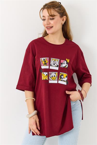 Kadın Yanı Yırtmaçlı Oversize Basic Tshirt Bordo