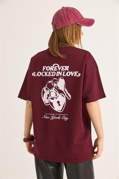 Baskılı Oversize İki İplik Tshirt Bordo