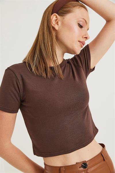 Bisiklet Yaka Esnek Crop Bluz Kahverengi