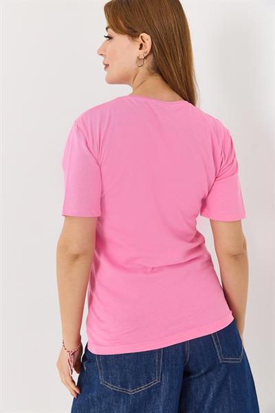 Kadın Palmiye Parlak Baskılı Tshirt Pembe