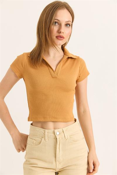Polo Yaka Basıc Kısa Kollu Örme Kaşkorse Crop Bluz Taba